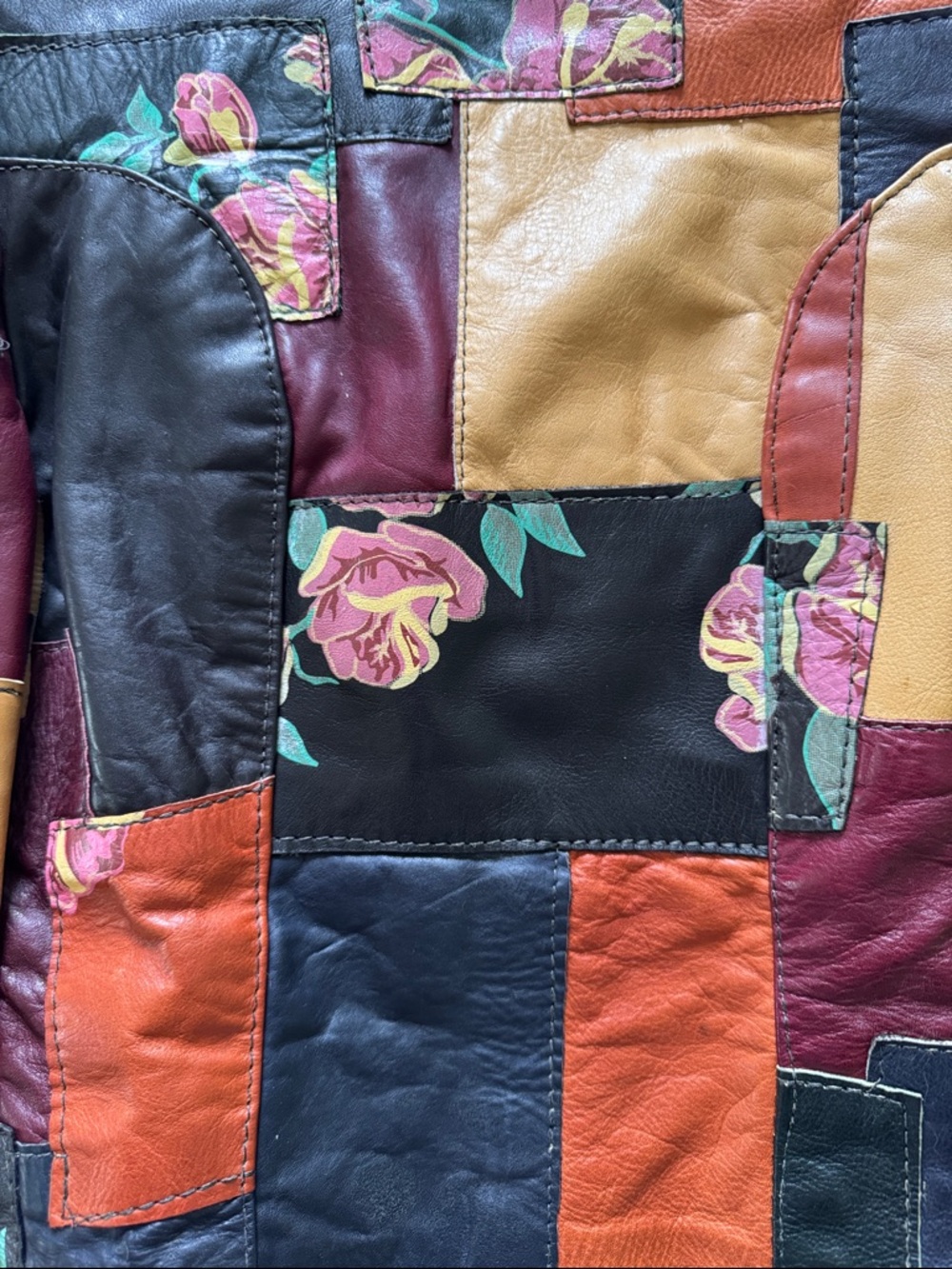 Patchwork Floral Leather Cropped Jacket in Multi-Color - Picture 4 of 9